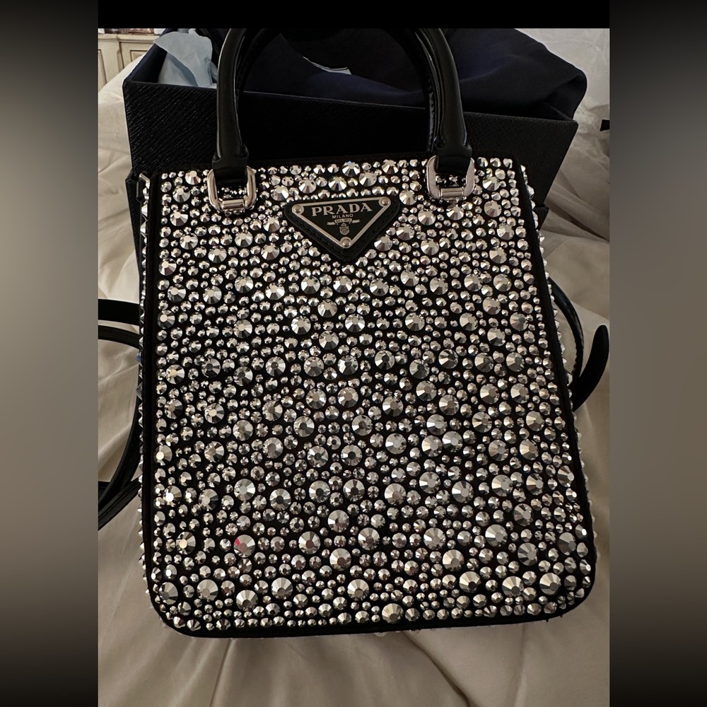 PRADA AUTH CRYSTAL & SATIN TOTE W/LEATHER HANDLES & DETACHABLE STRAP FLAWLESS - Picture 9 of 11